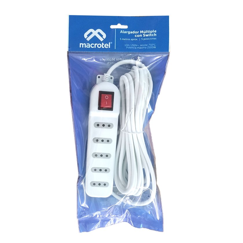 Alargador Eléctrico Macrotel 5 m 5 Posiciones Switch Blanco