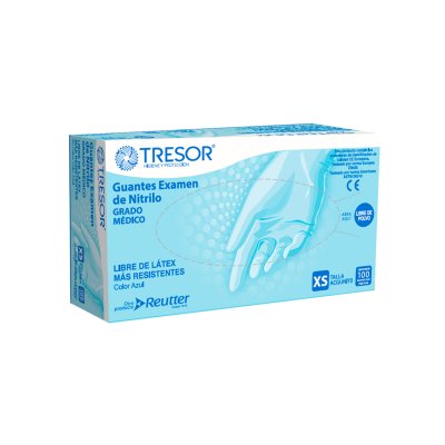 Guantes Examinador Tresor Nitrilo Azul Sin Polvos Talla XS Caja de 100 Unidades