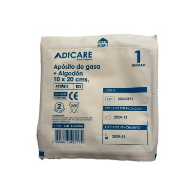 Apósito Gasa Tejida + Algodón Adicare 10x20 cm 10 Unidades