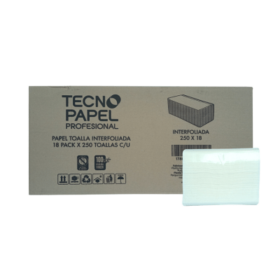 Toalla de Papel Tecnoroll Interfoliada Hoja Simple 18 Paquetes de 250 Unidades