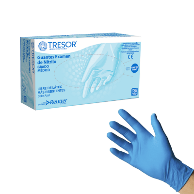Guantes Examinador Tresor Nitrilo Azul Sin Polvos Talla M Caja de 100 Unidades
